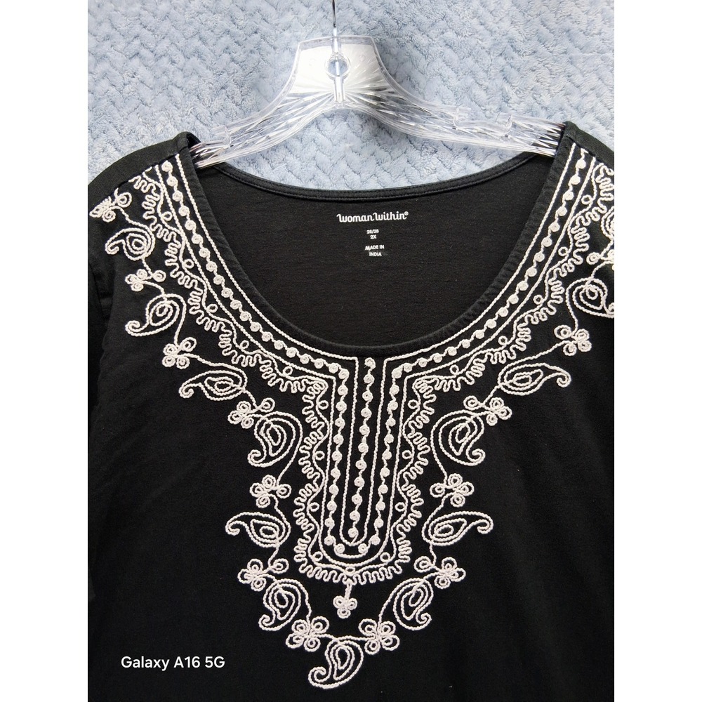 Woman Within Black Embroidered Boho Tunic Top 2X 26/28 100% Cotton 3/4 Sleeve - Picture 2 of 8
